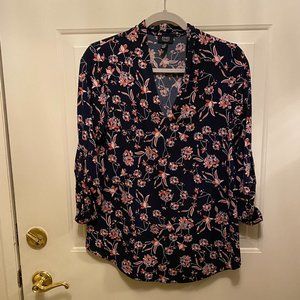 Long Sleeve V Neck Floral Knit Blouse with Roll-up Sleeve buttons
